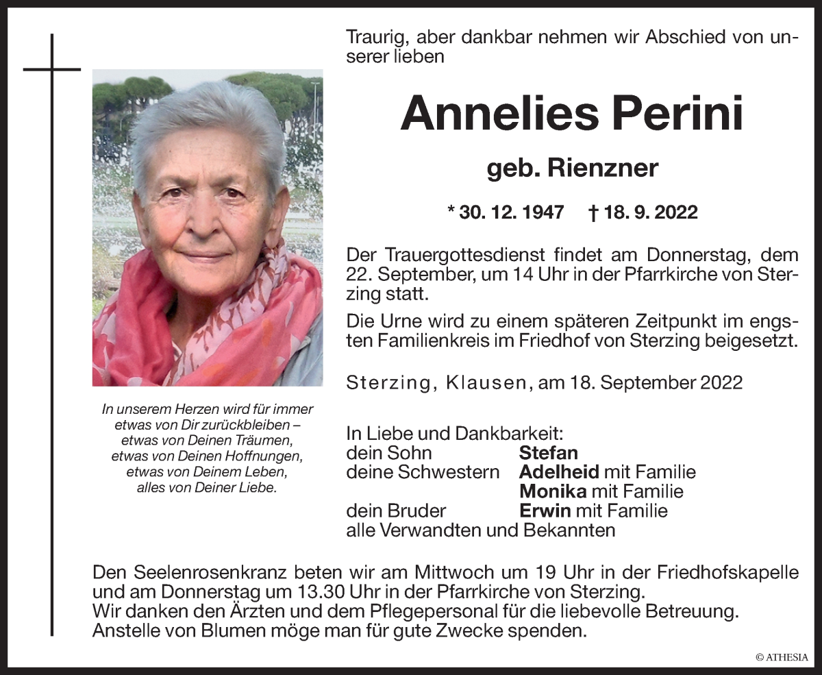  Traueranzeige für Annelies Perini vom 21.09.2022 aus Dolomiten