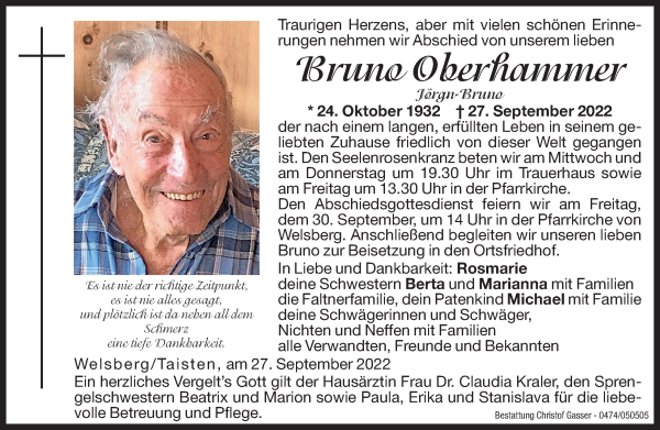 Traueranzeige von Bruno Oberhammer von Dolomiten