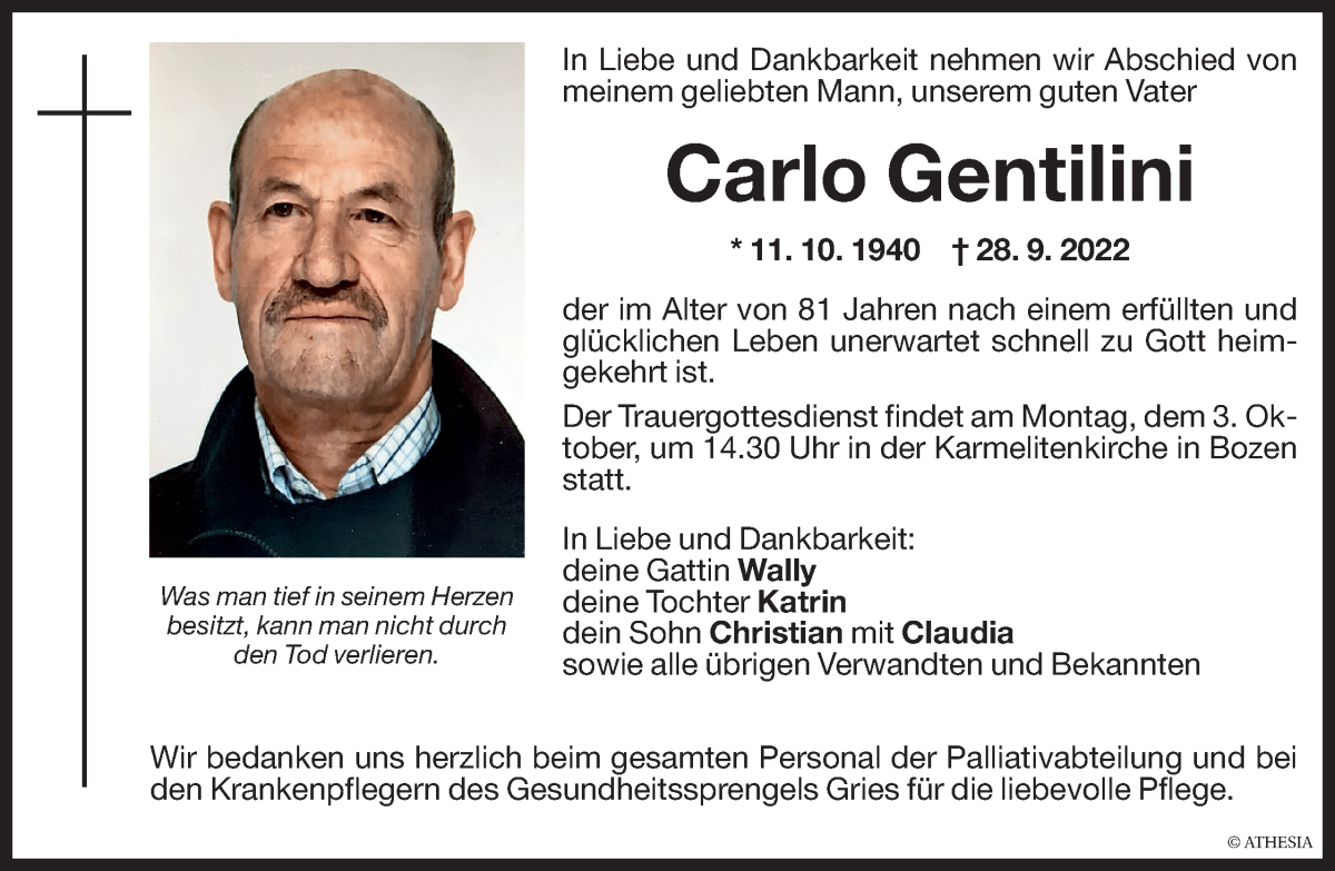  Traueranzeige für Carlo Gentilini vom 30.09.2022 aus Dolomiten