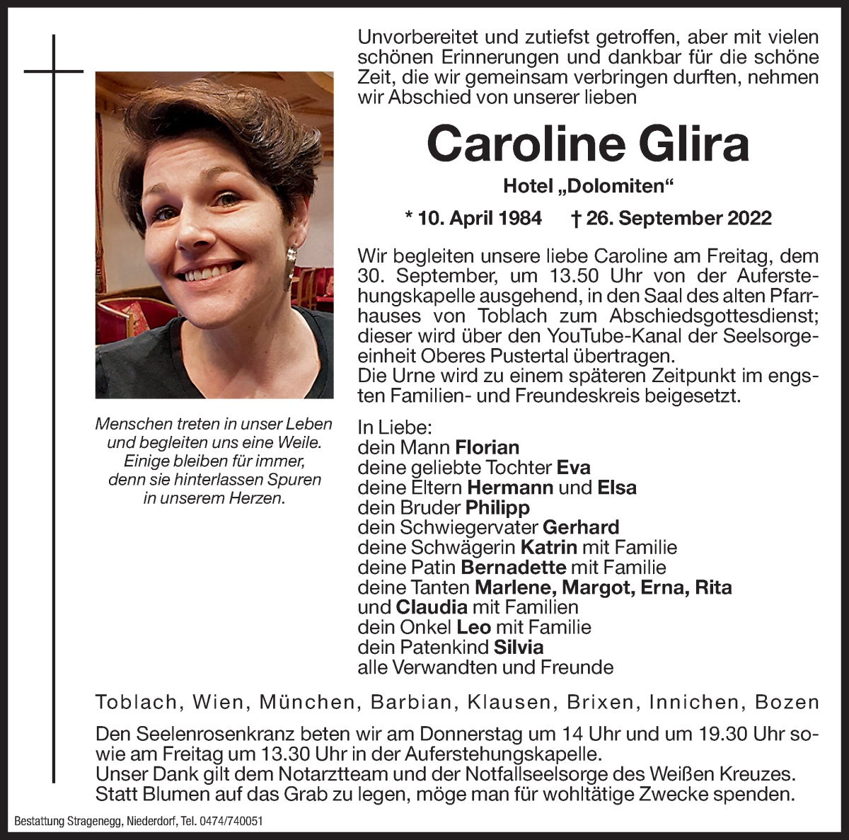  Traueranzeige für Caroline Glira vom 29.09.2022 aus Dolomiten