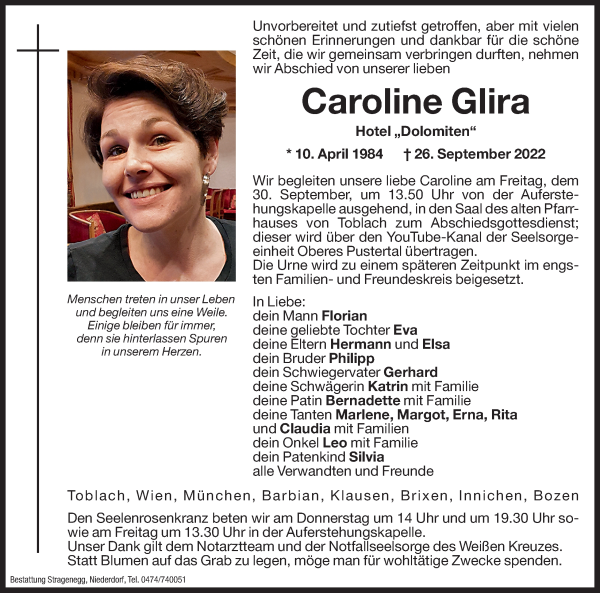 Traueranzeige von Caroline Glira von Dolomiten