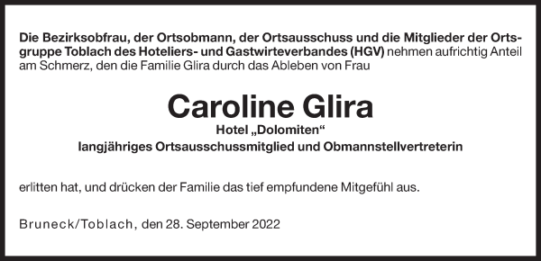 Traueranzeige von Caroline Glira von Dolomiten