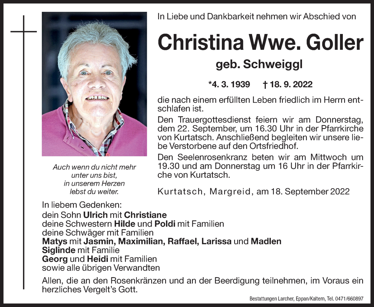  Traueranzeige für Christina Goller vom 20.09.2022 aus Dolomiten