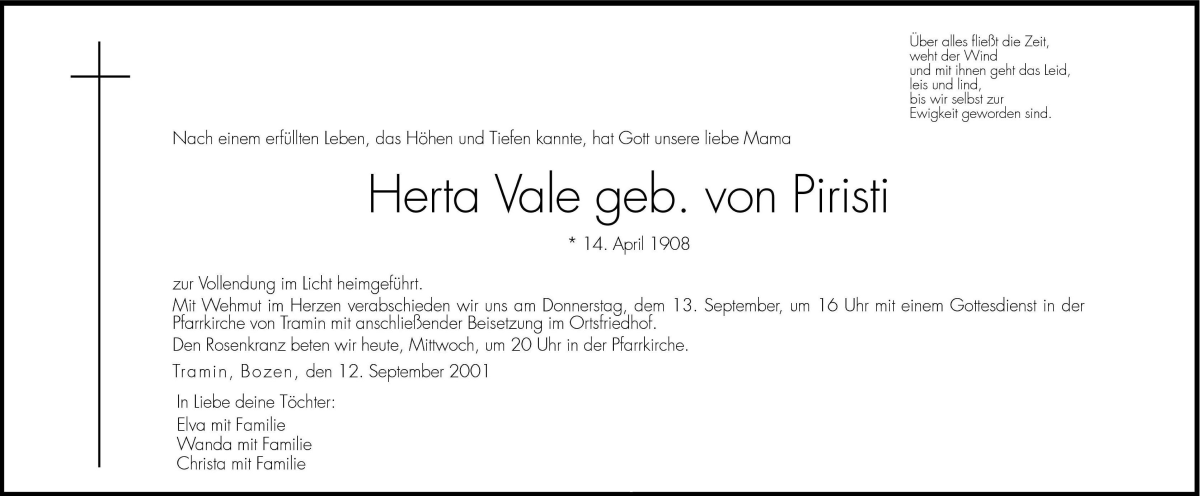  Traueranzeige für Herta Vale vom 12.09.2001 aus Dolomiten