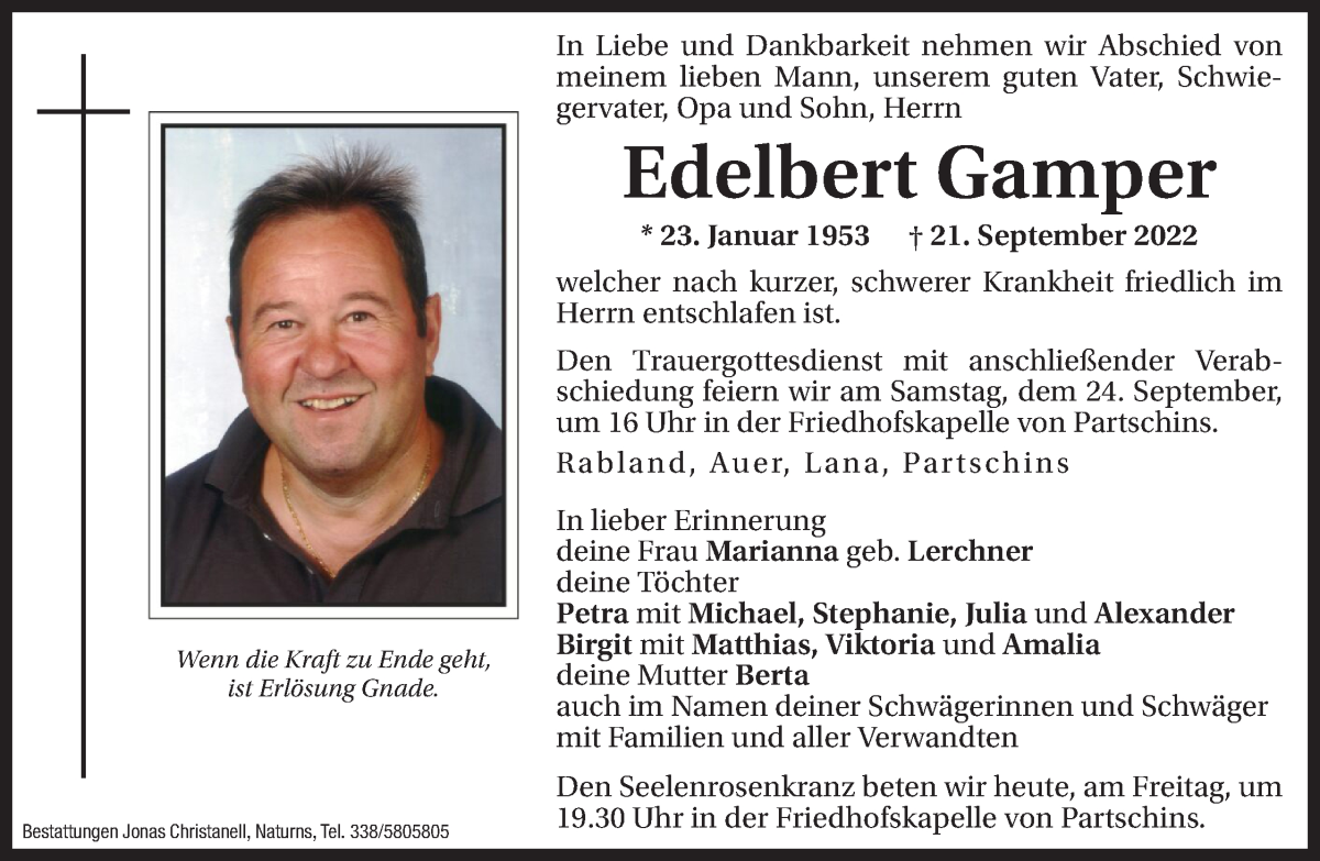  Traueranzeige für Edelbert Gamper vom 23.09.2022 aus Dolomiten
