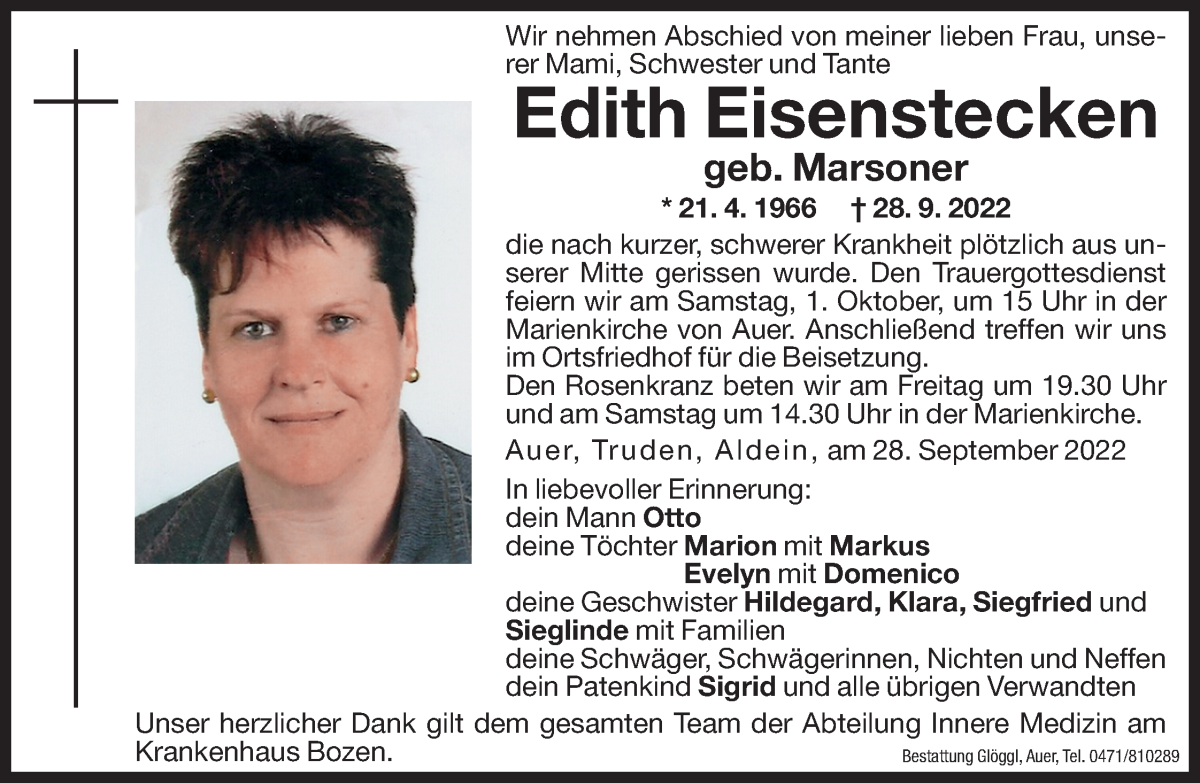  Traueranzeige für Edith Eisenstecken vom 30.09.2022 aus Dolomiten