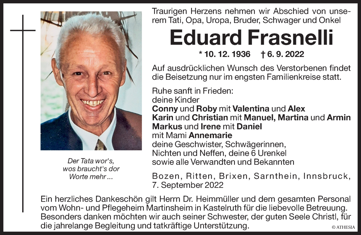  Traueranzeige für Eduard Frasnelli vom 08.09.2022 aus Dolomiten