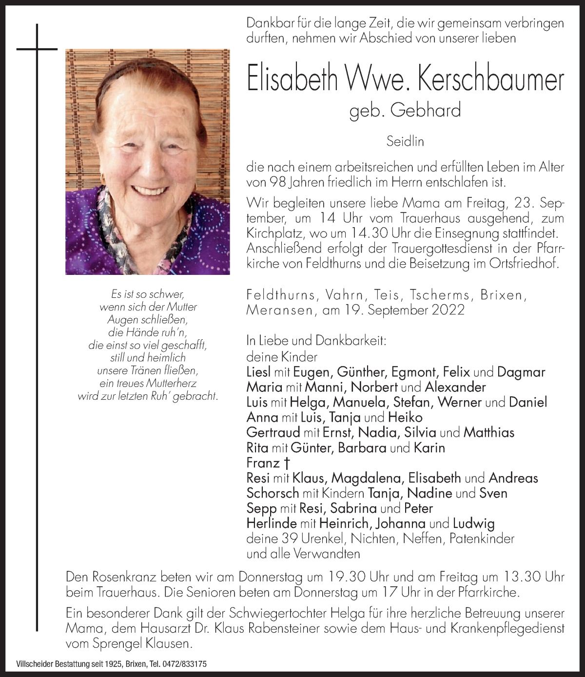  Traueranzeige für Elisabeth Kerschbaumer vom 21.09.2022 aus Dolomiten