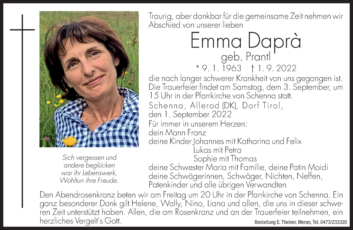  Traueranzeige für Emma Daprà vom 02.09.2022 aus Dolomiten