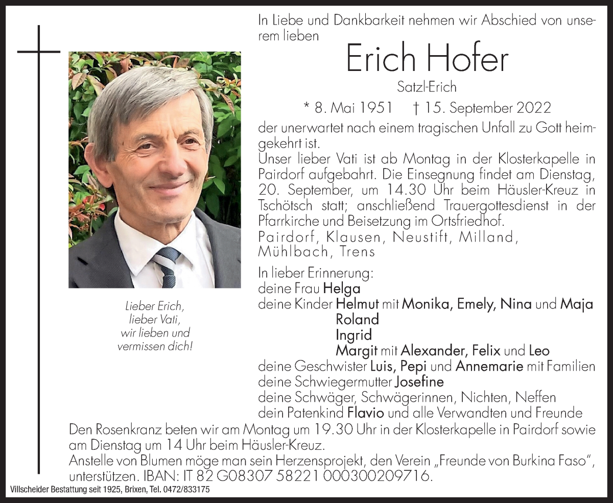  Traueranzeige für Erich Hofer vom 19.09.2022 aus Dolomiten