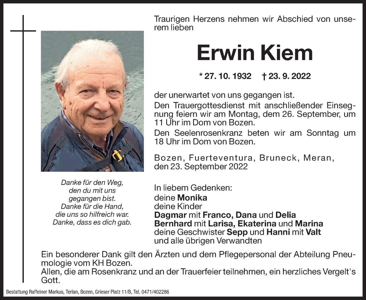  Traueranzeige für Erwin Kiem vom 24.09.2022 aus Dolomiten
