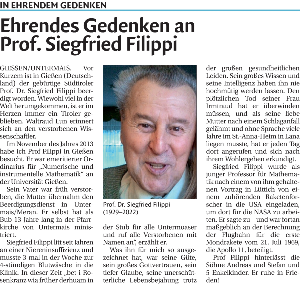 Traueranzeige von Siegfried Filippi von Dolomiten