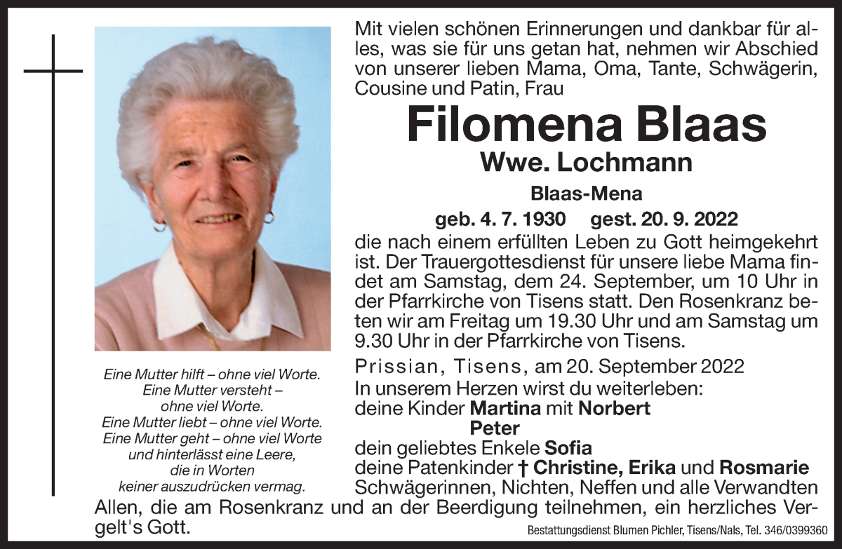  Traueranzeige für Filomena Lochmann vom 23.09.2022 aus Dolomiten