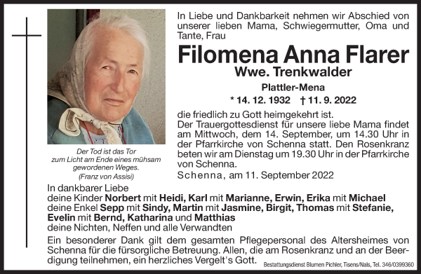 Traueranzeige von Filomena Anna Trenkwalder von Dolomiten