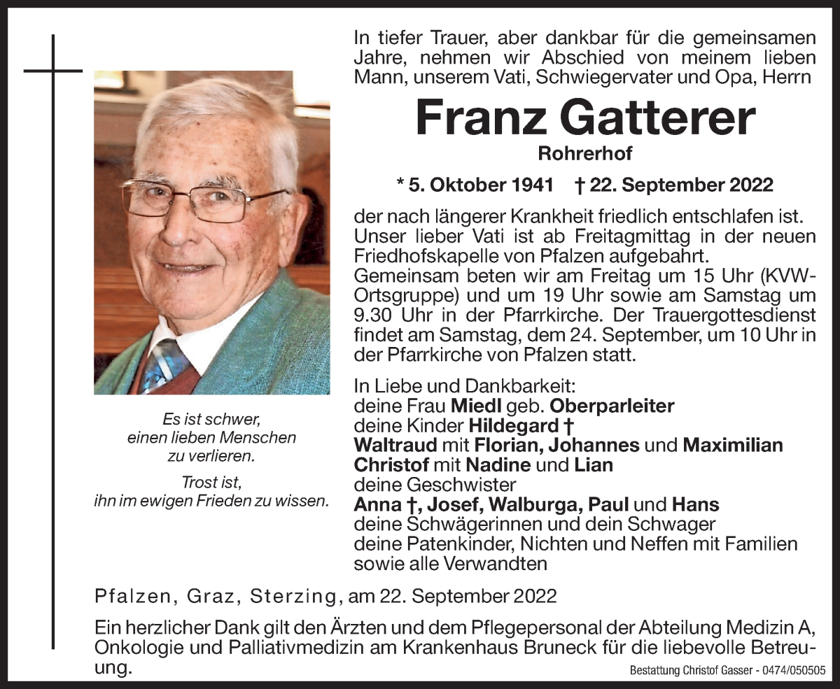  Traueranzeige für Franz Gatterer vom 23.09.2022 aus Dolomiten