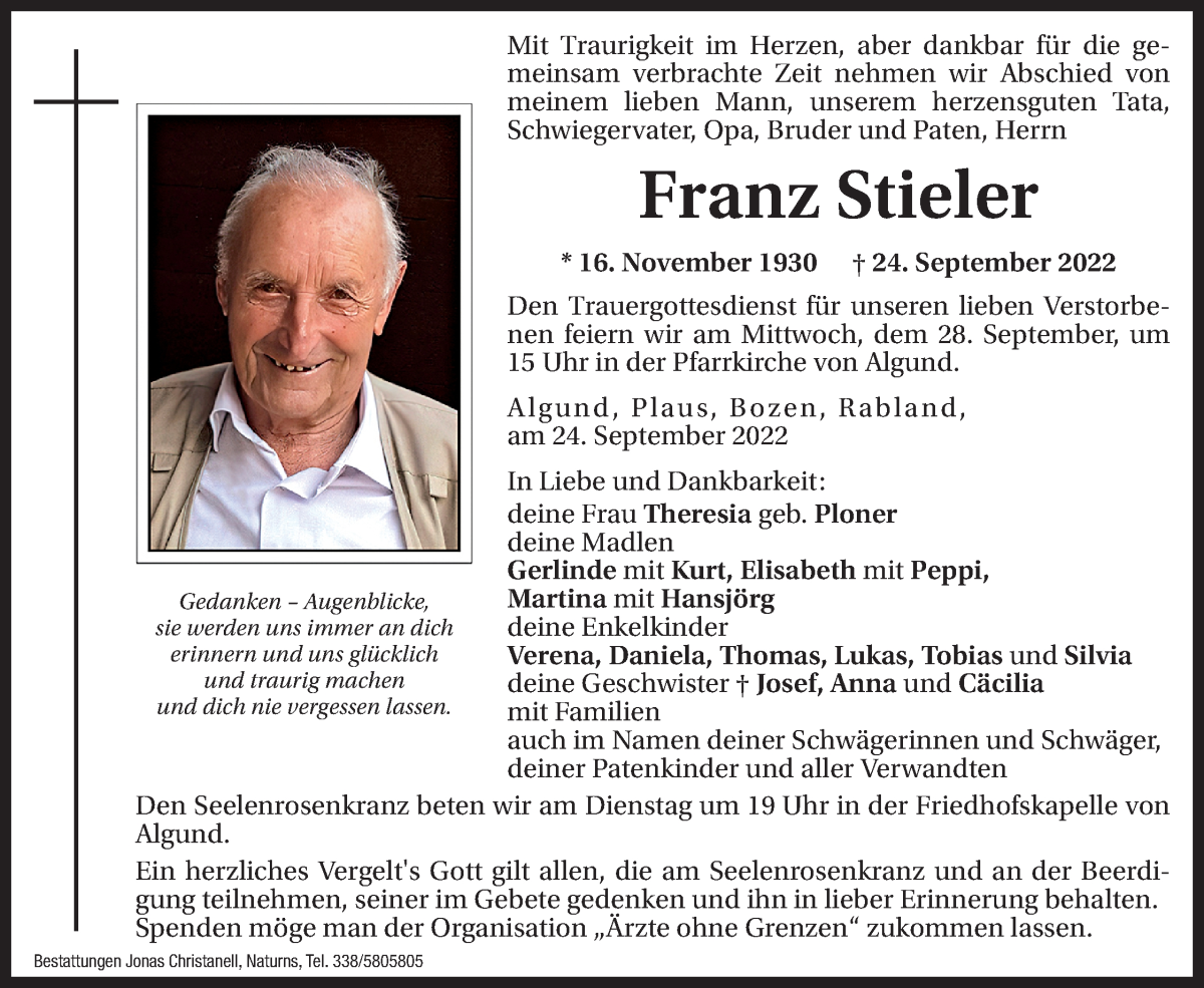  Traueranzeige für Franz Stieler vom 26.09.2022 aus Dolomiten