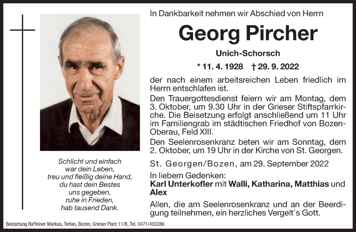  Traueranzeige für Georg Pircher vom 30.09.2022 aus Dolomiten