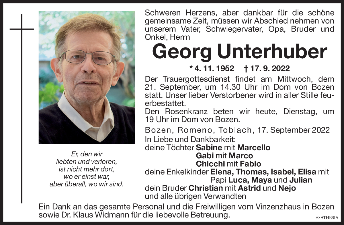  Traueranzeige für Georg Unterhuber vom 20.09.2022 aus Dolomiten