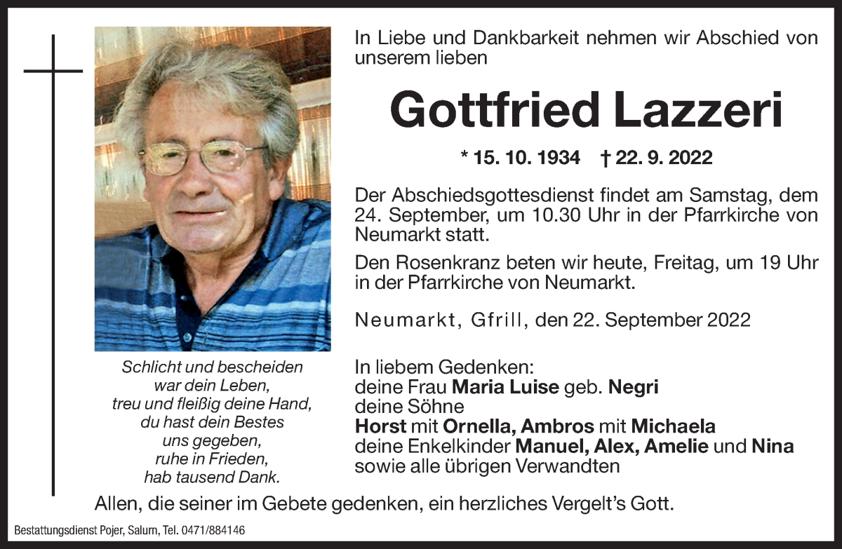  Traueranzeige für Gottfried Lazzeri vom 23.09.2022 aus Dolomiten