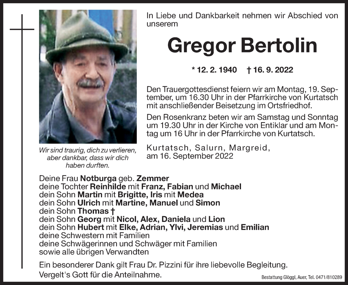  Traueranzeige für Gregor Bertolin vom 17.09.2022 aus Dolomiten