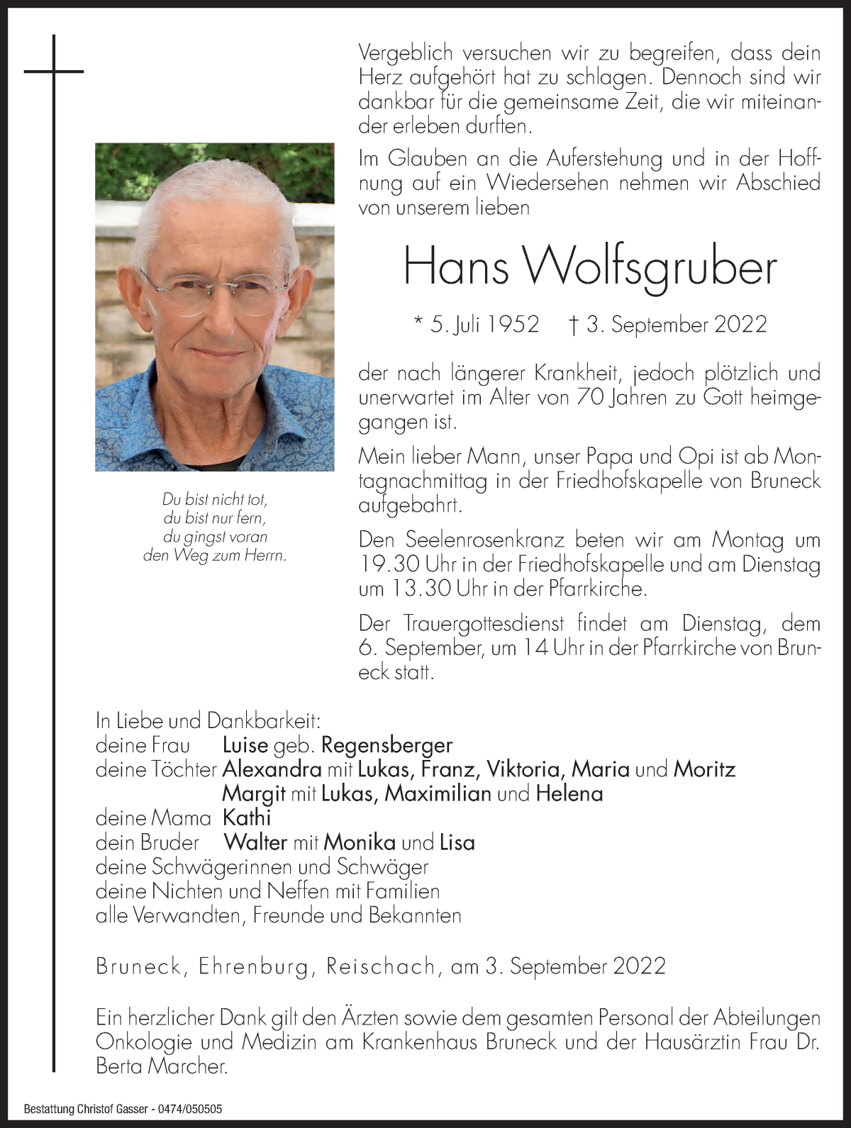  Traueranzeige für Hans Wolfsgruber vom 05.09.2022 aus Dolomiten