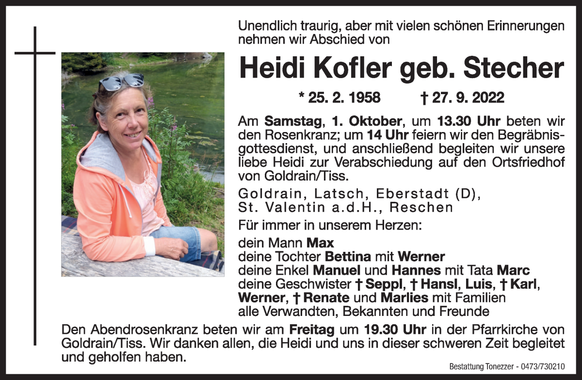 Traueranzeige für Heidi Kofler vom 30.09.2022 aus Dolomiten