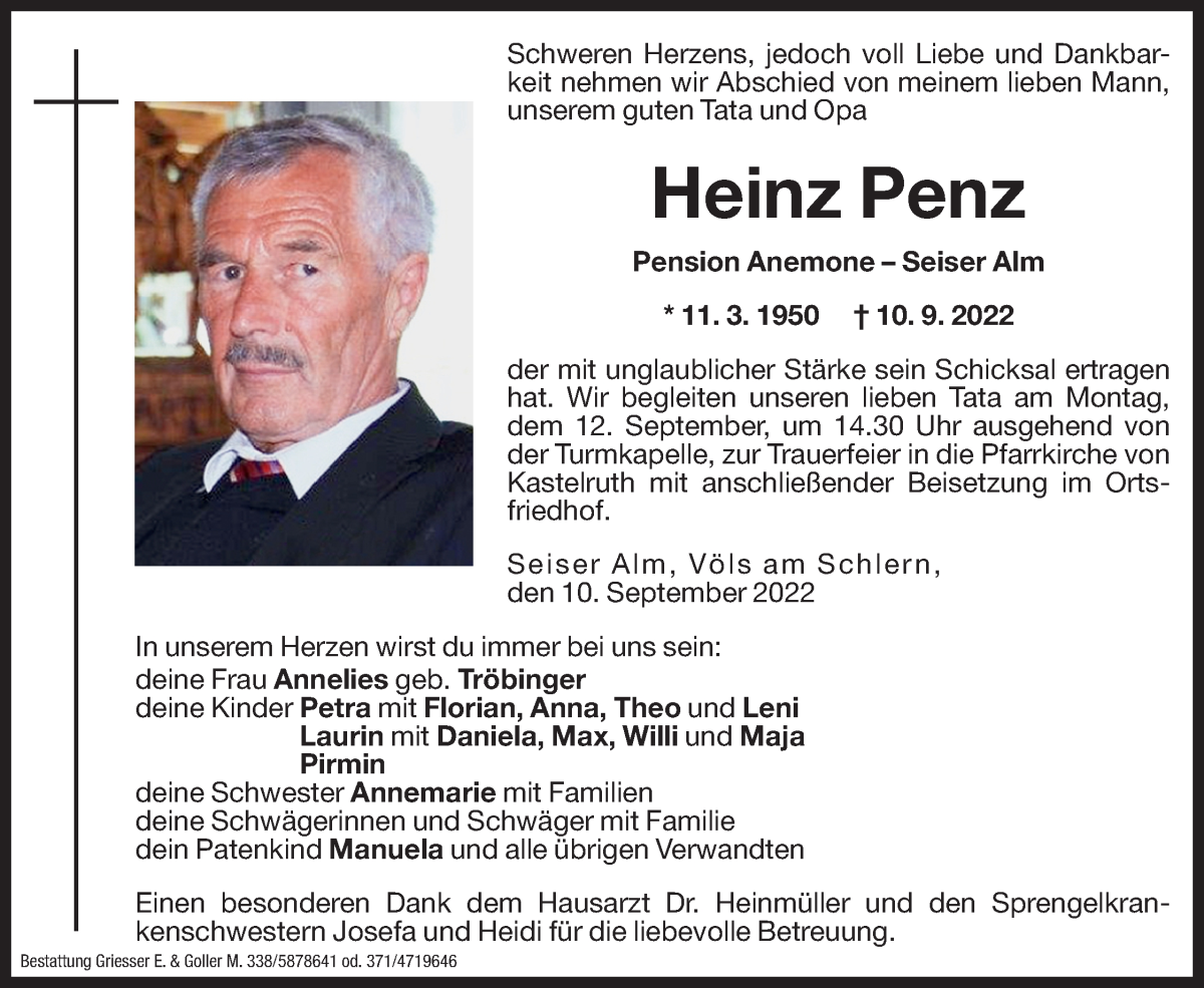  Traueranzeige für Heinz Penz vom 12.09.2022 aus Dolomiten
