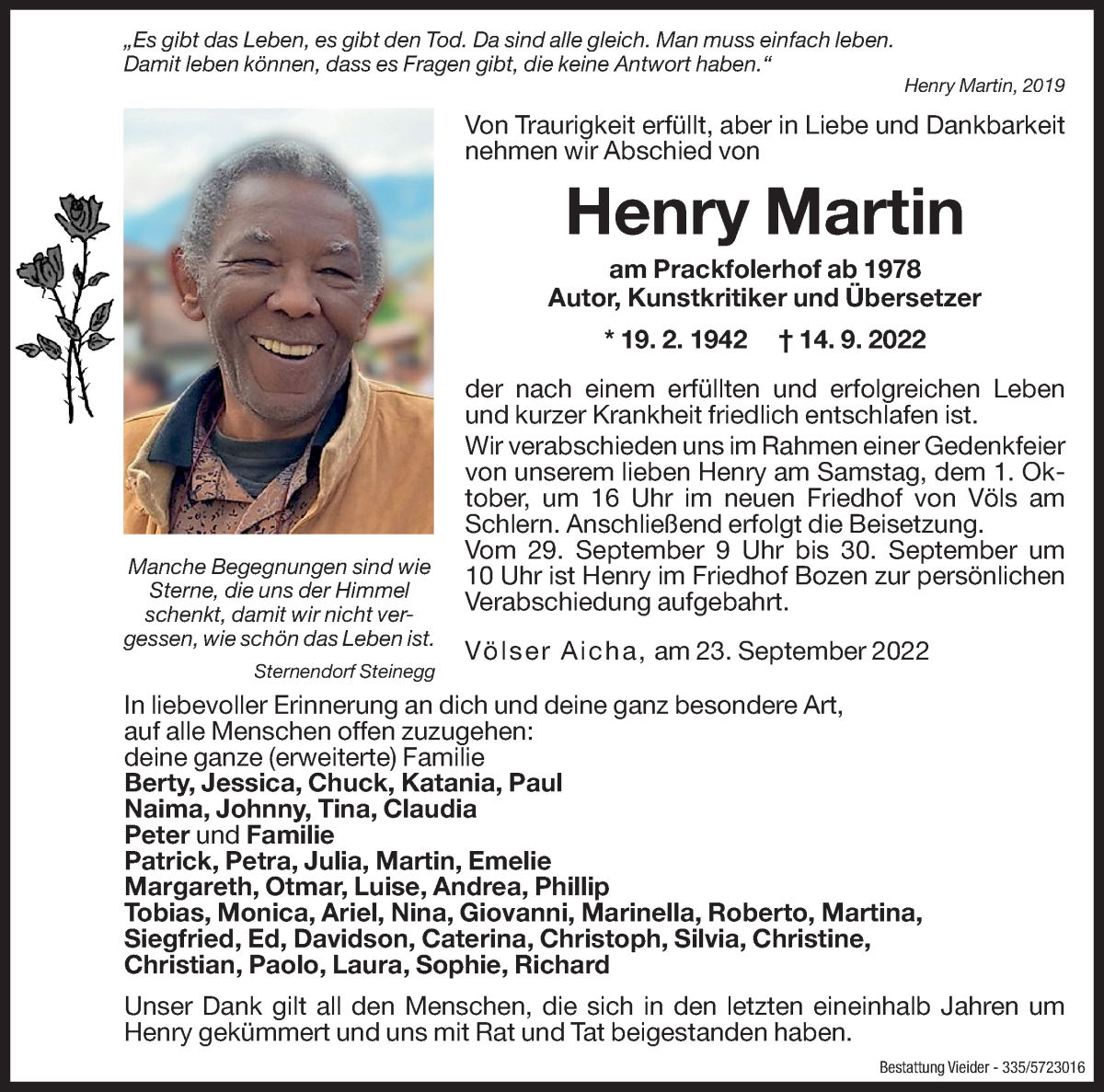  Traueranzeige für Henry Martin vom 23.09.2022 aus Dolomiten
