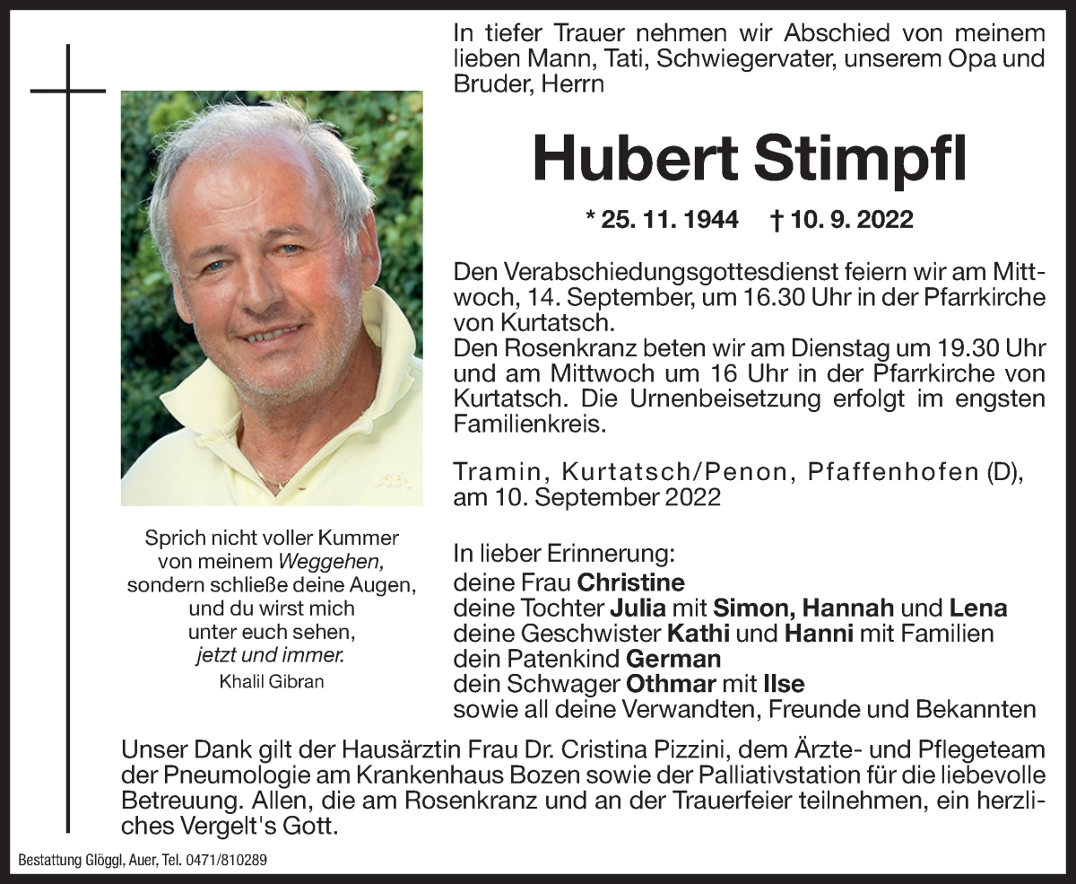  Traueranzeige für Hubert Stimpfl vom 12.09.2022 aus Dolomiten