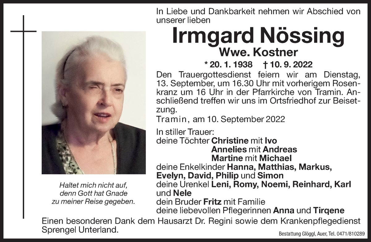  Traueranzeige für Irmgard Kostner vom 12.09.2022 aus Dolomiten