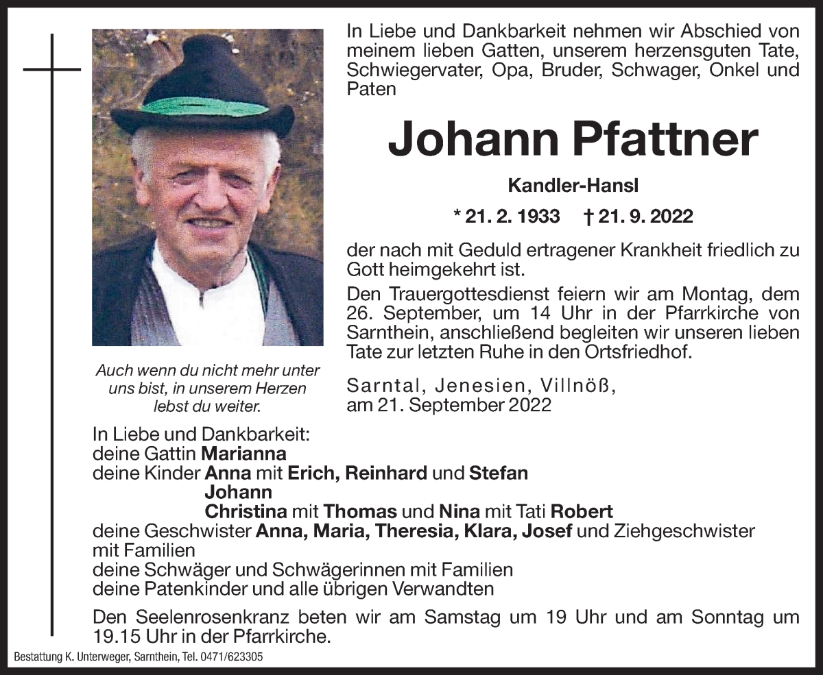  Traueranzeige für Johann Pfattner vom 23.09.2022 aus Dolomiten