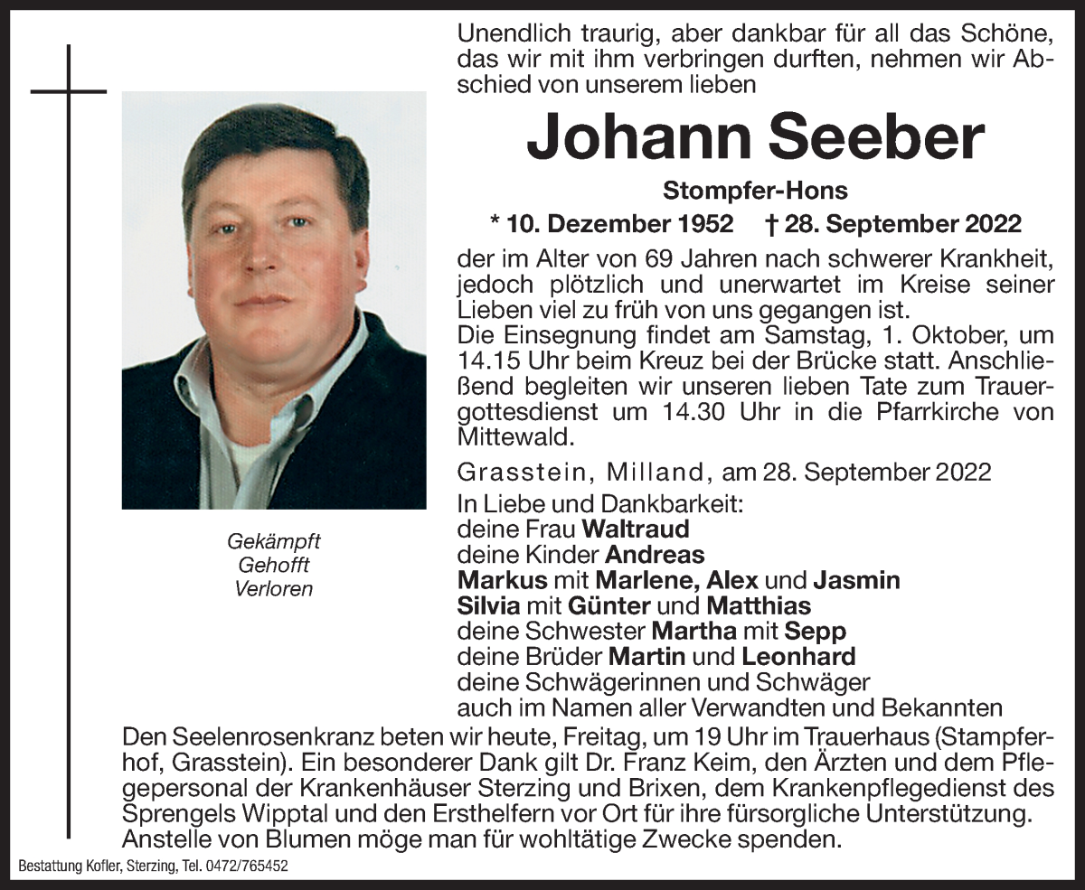  Traueranzeige für Johann Seeber vom 30.09.2022 aus Dolomiten