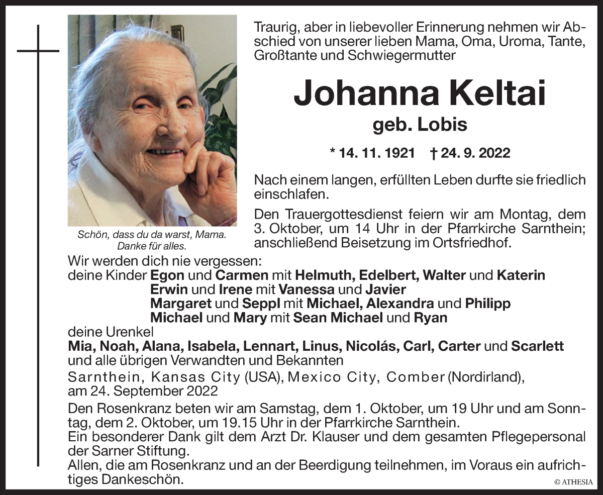 Traueranzeige für Johanna Keltai vom 30.09.2022 aus Dolomiten