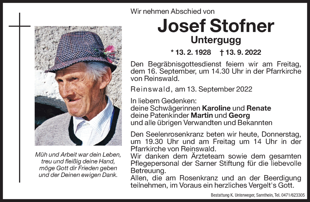  Traueranzeige für Josef Stofner vom 15.09.2022 aus Dolomiten