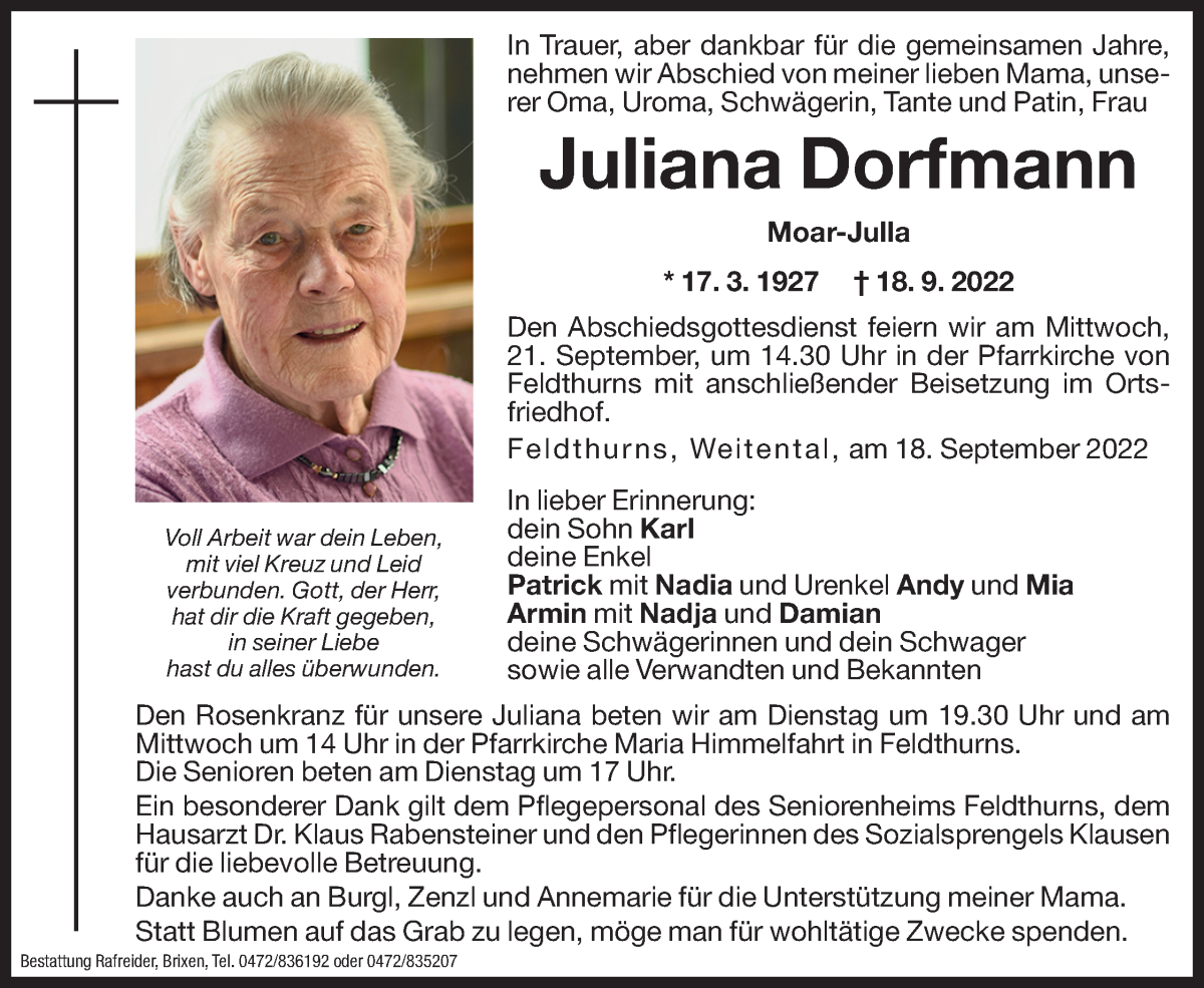  Traueranzeige für Juliana Dorfmann vom 20.09.2022 aus Dolomiten