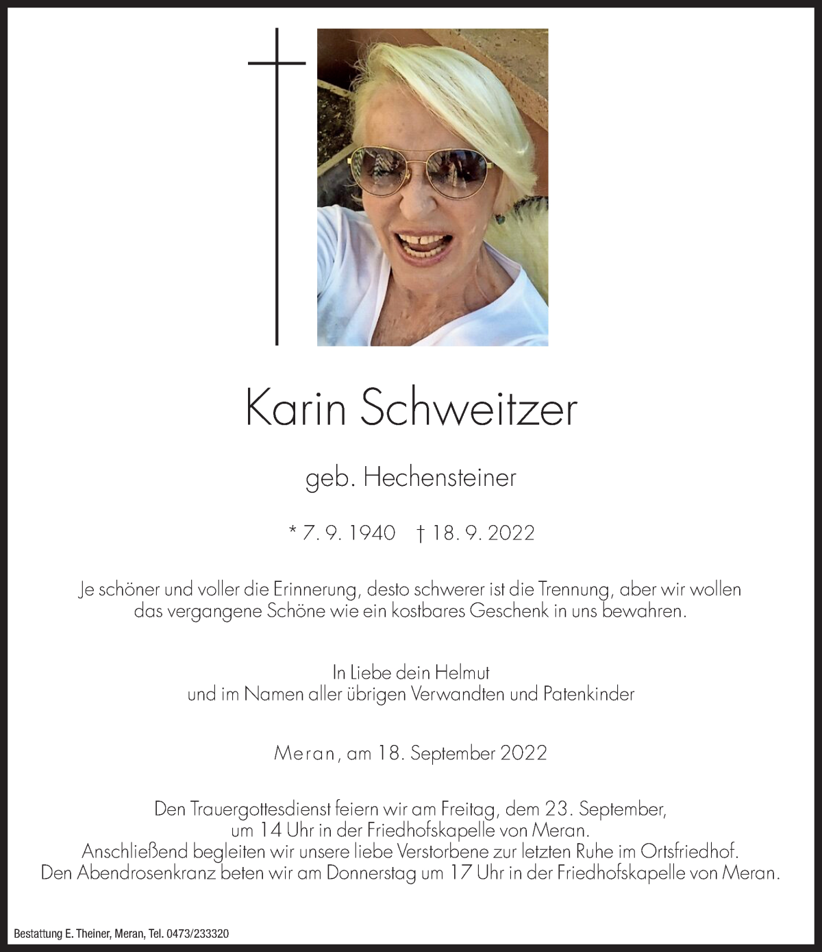  Traueranzeige für Karin Schweitzer vom 21.09.2022 aus Dolomiten