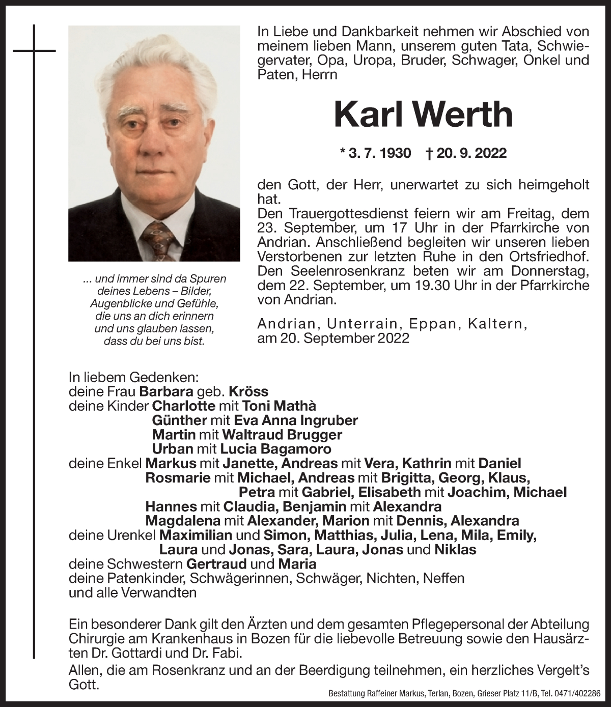  Traueranzeige für Karl Werth vom 21.09.2022 aus Dolomiten