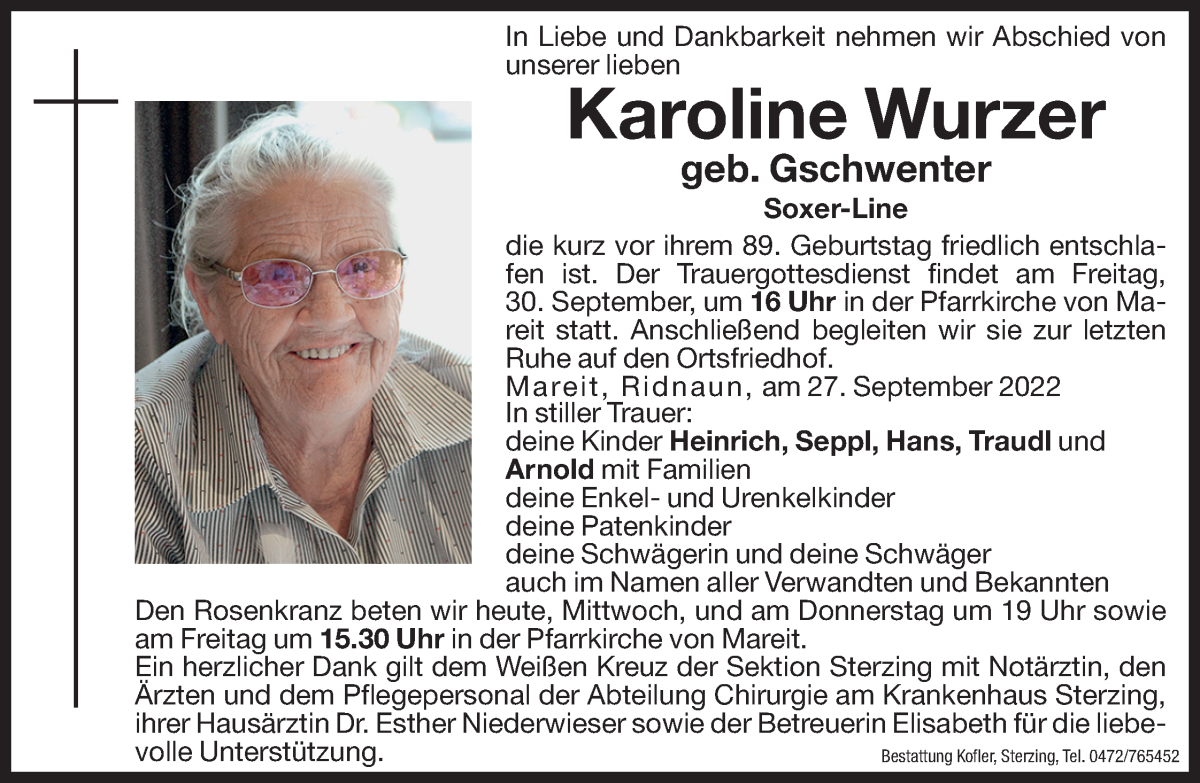  Traueranzeige für Karoline Wurzer vom 28.09.2022 aus Dolomiten