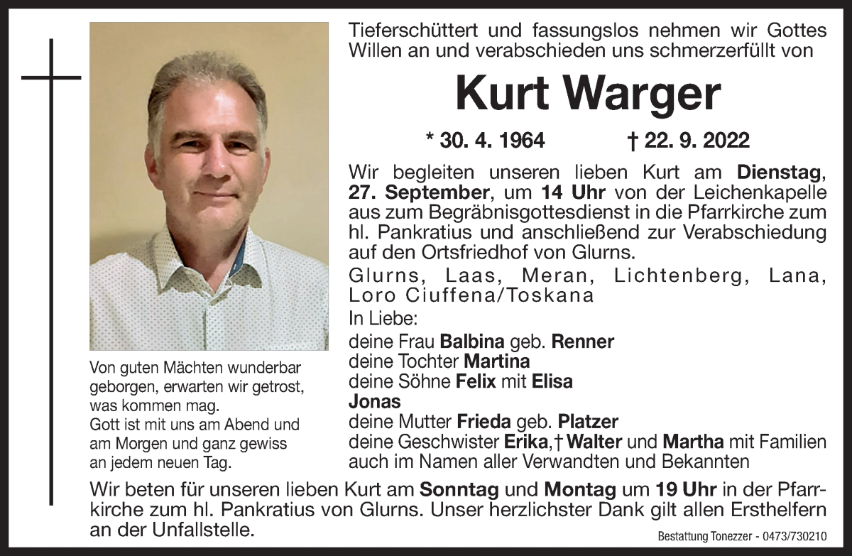 Traueranzeige für Kurt Warger vom 24.09.2022 aus Dolomiten