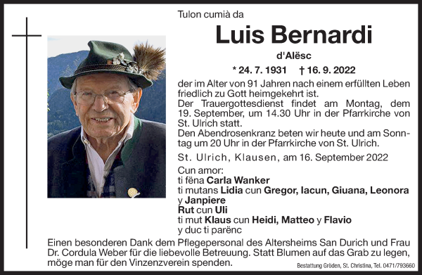 Traueranzeige von Luis Bernardi von Dolomiten