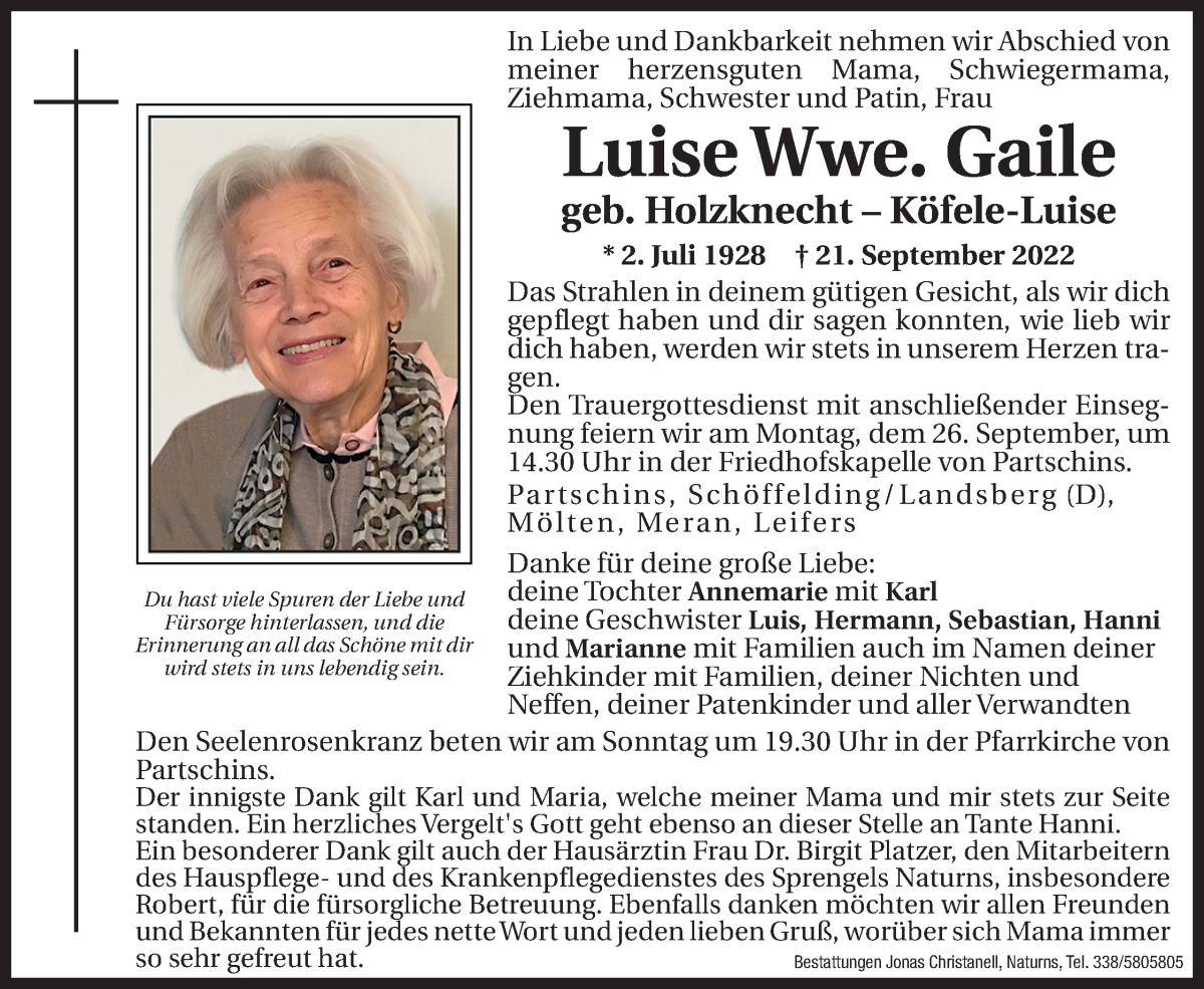  Traueranzeige für Luise Gaile vom 24.09.2022 aus Dolomiten