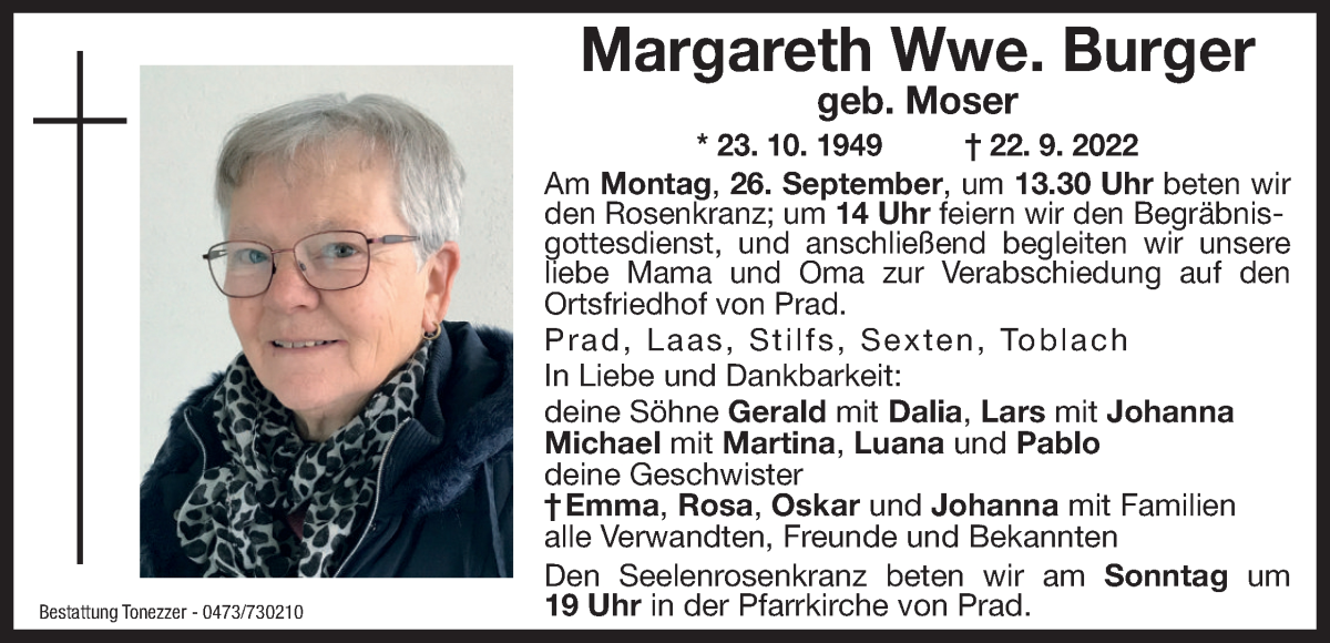  Traueranzeige für Margareth Burger vom 24.09.2022 aus Dolomiten