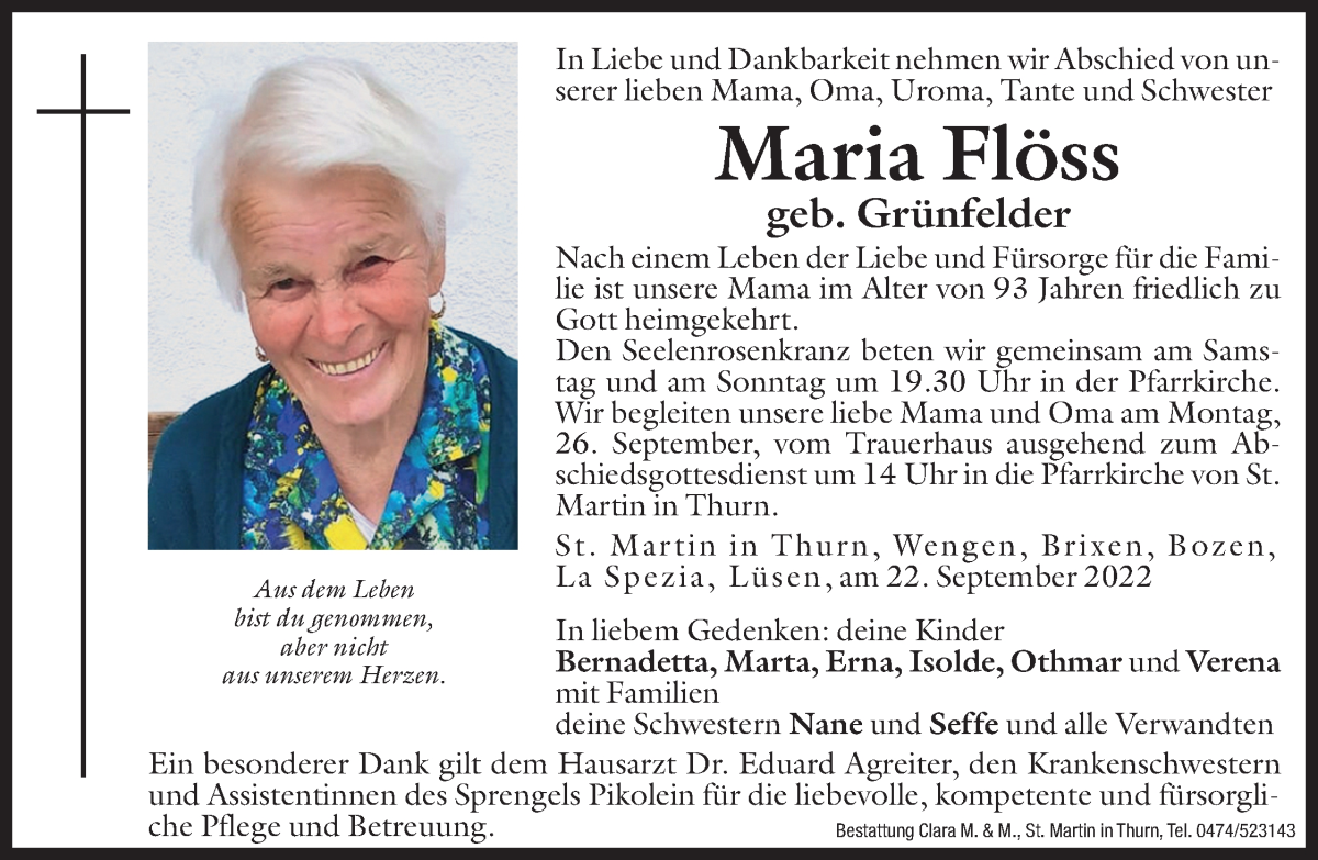  Traueranzeige für Maria Flöss vom 24.09.2022 aus Dolomiten
