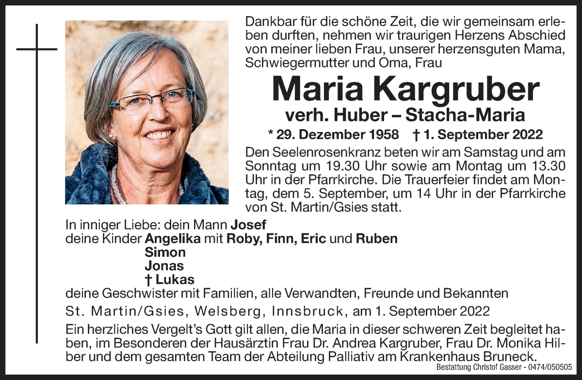  Traueranzeige für Maria Huber vom 03.09.2022 aus Dolomiten