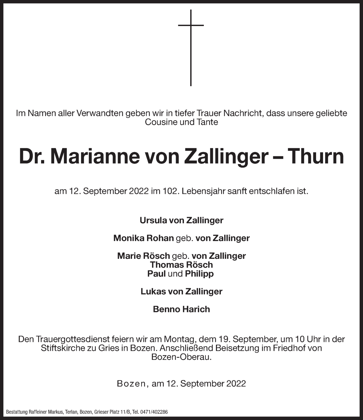  Traueranzeige für Marianne von Zallinger - Thurn vom 15.09.2022 aus Dolomiten