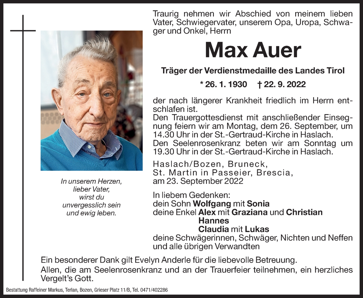 Traueranzeige für Max Auer vom 24.09.2022 aus Dolomiten