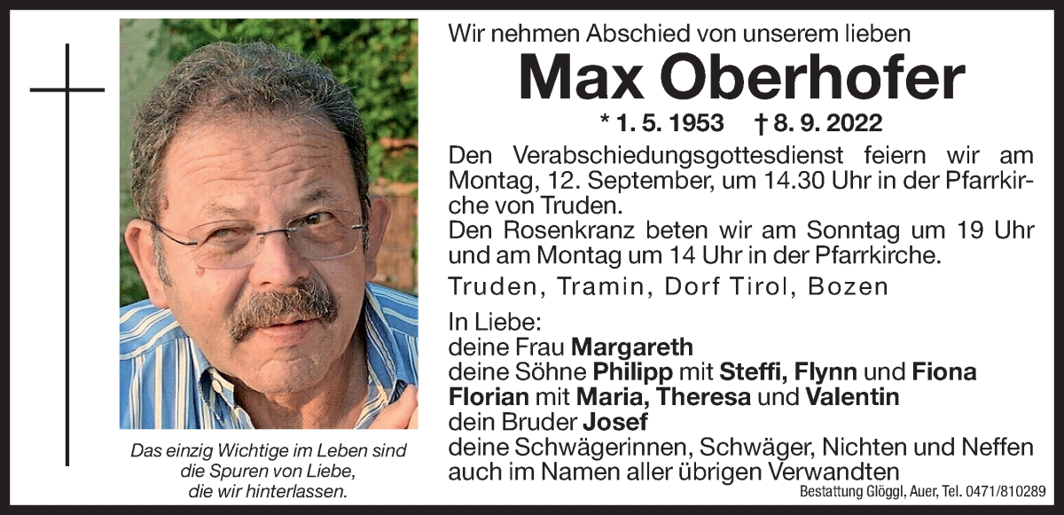  Traueranzeige für Max Oberhofer vom 10.09.2022 aus Dolomiten