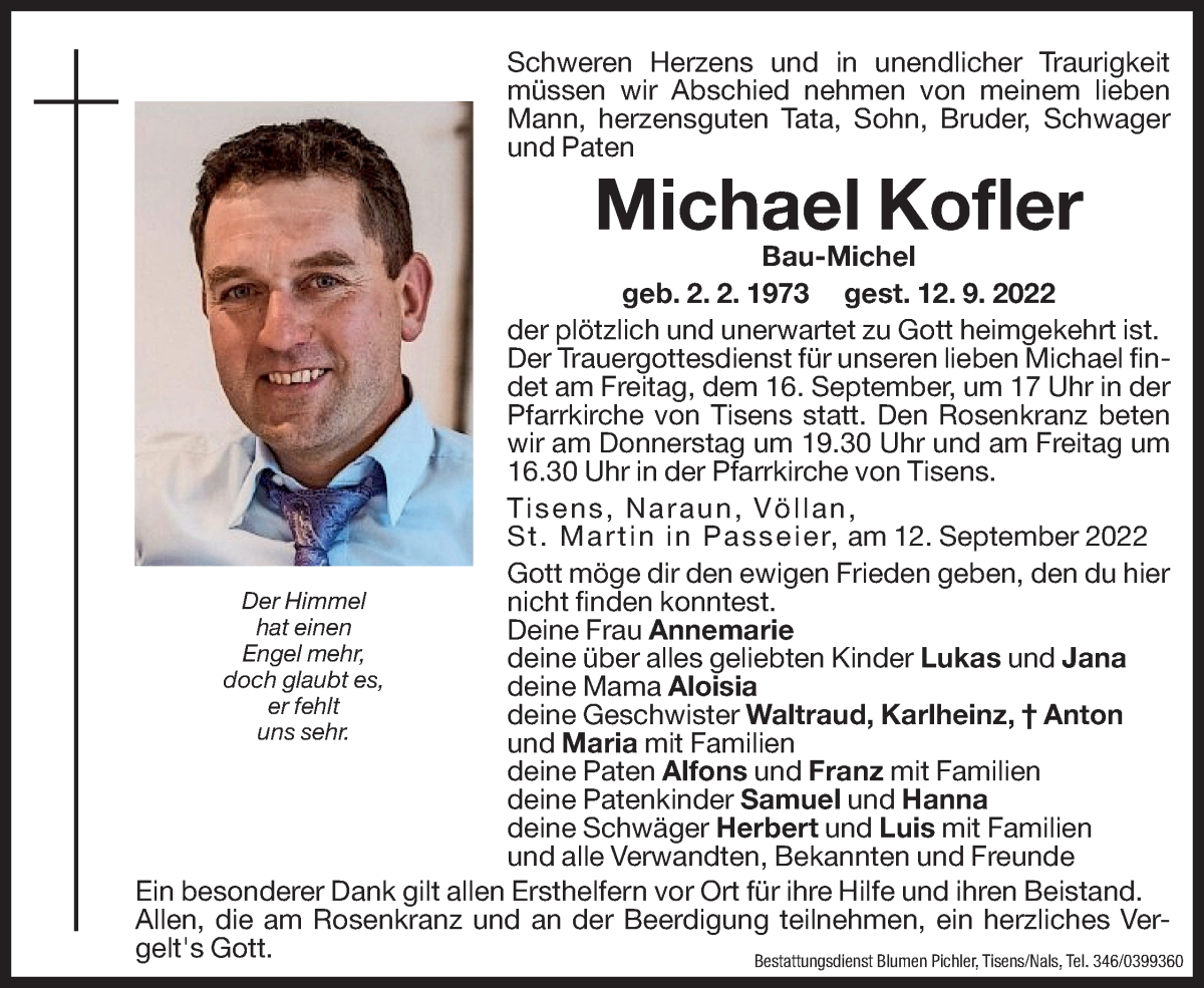  Traueranzeige für Michael Kofler vom 15.09.2022 aus Dolomiten