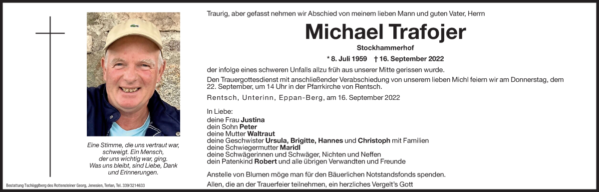  Traueranzeige für Michael Trafojer vom 21.09.2022 aus Dolomiten