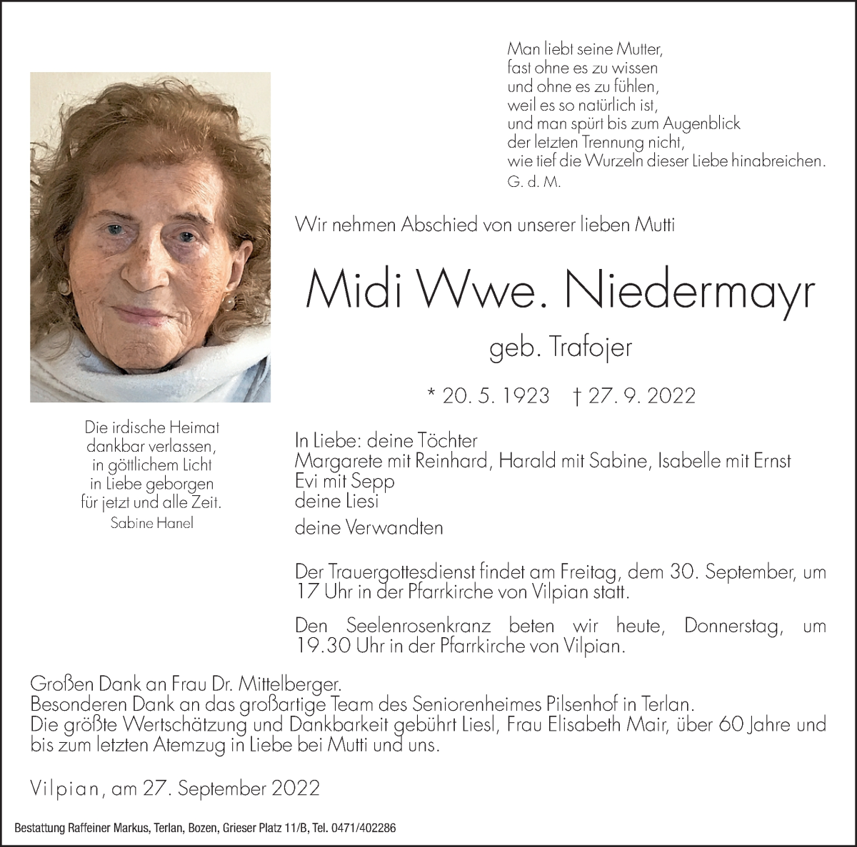  Traueranzeige für Midi Niedermayr vom 29.09.2022 aus Dolomiten